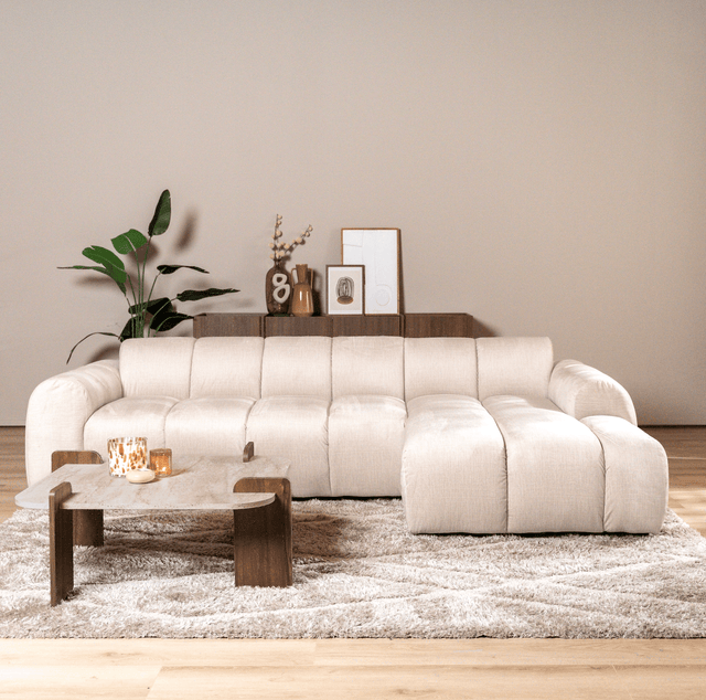 Banken-Hoekbank met lounge beige velvet structuurstof - strepen - rechts - Brix-Dimehouse