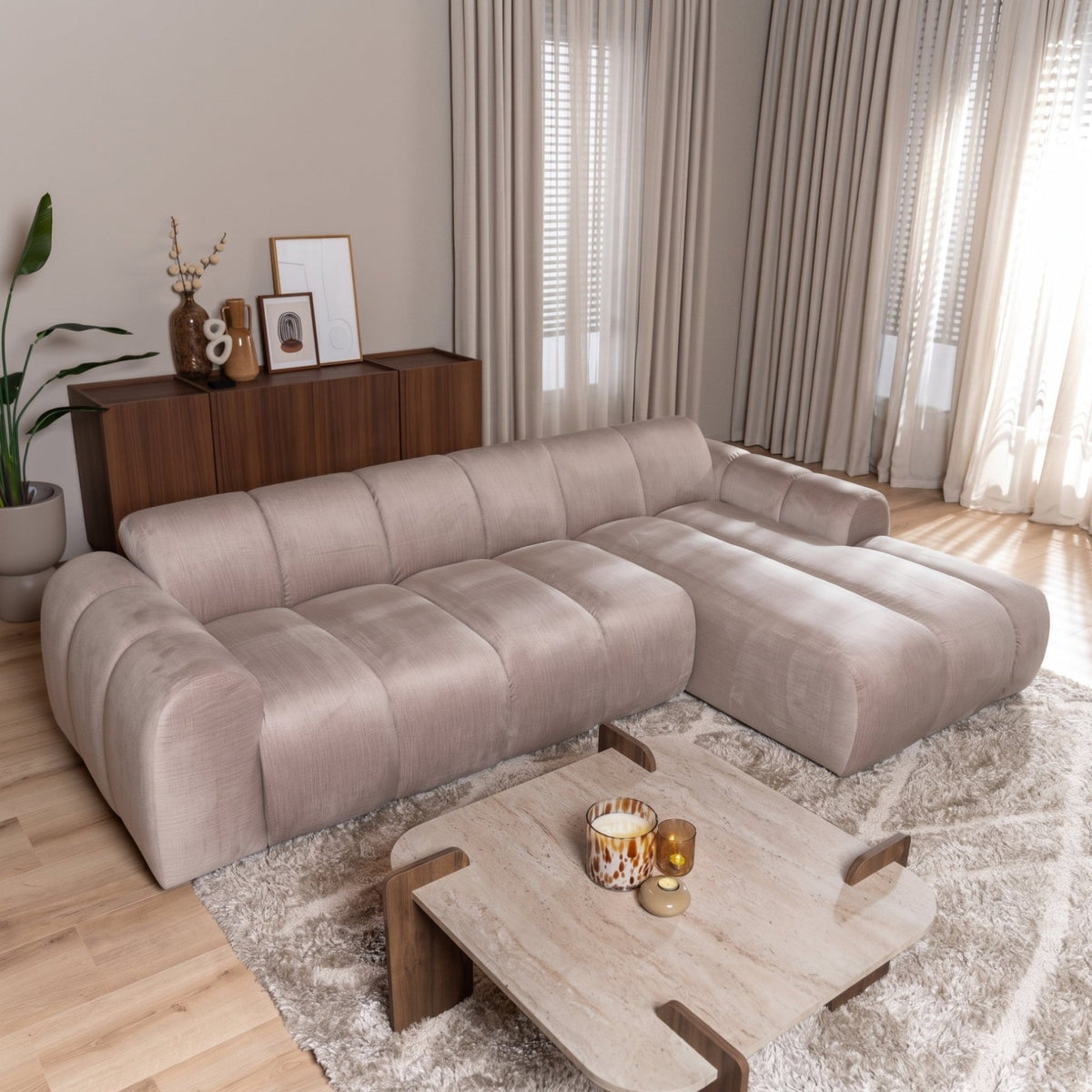 Banken-Hoekbank met lounge zand velvet structuurstof - strepen - rechts - Brix-Dimehouse