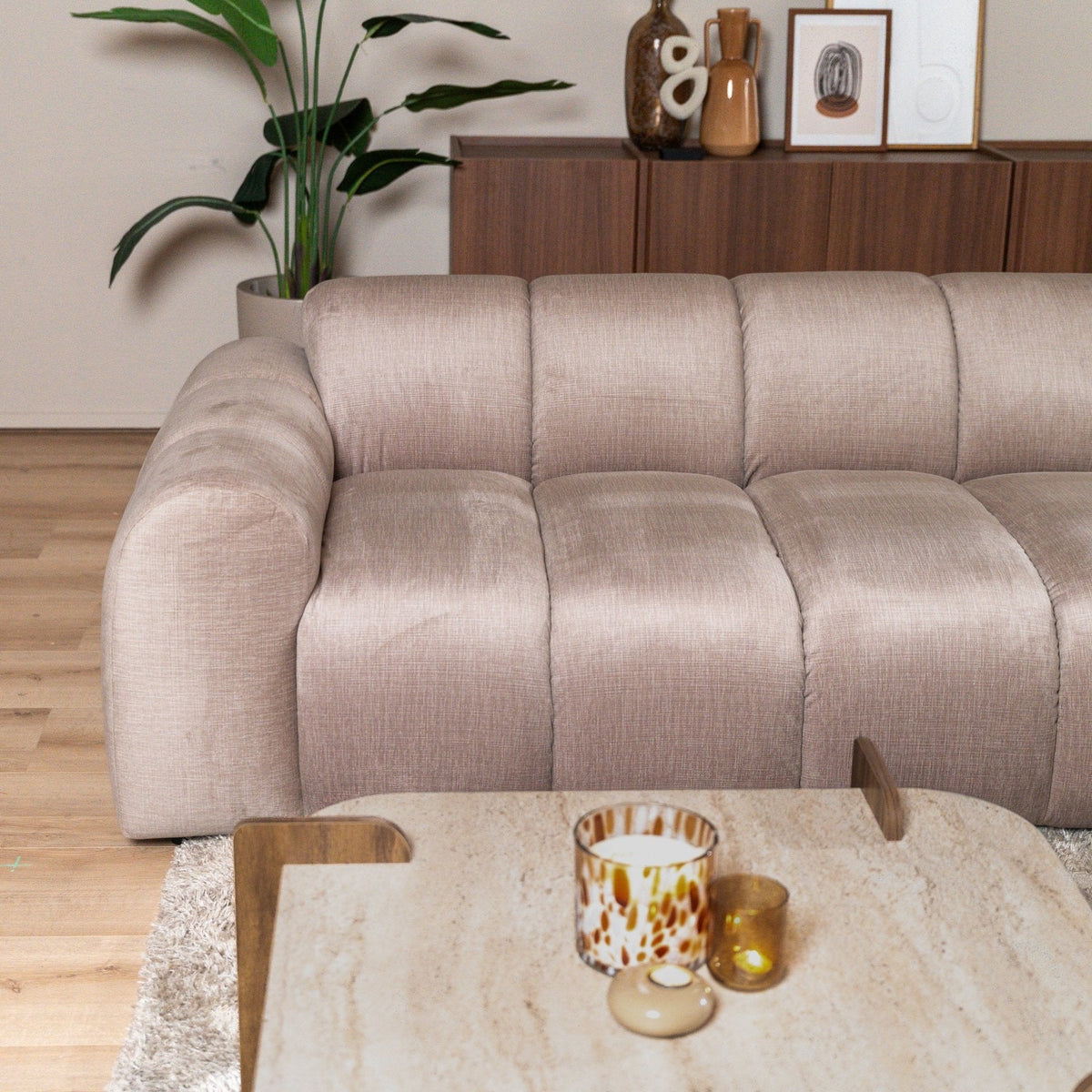 Banken-Hoekbank met lounge zand velvet structuurstof - strepen - links - Brix-Dimehouse