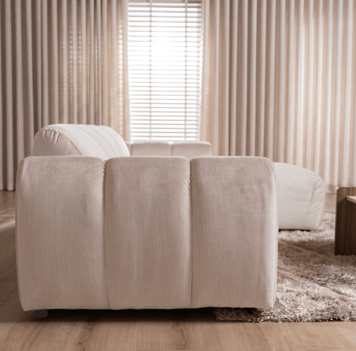 Banken-Hoekbank met lounge beige velvet structuurstof - strepen - rechts - Brix-Dimehouse
